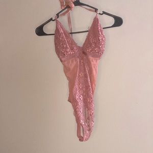 Lace Light Pink Rose Gold One Piece Bodysuit with Snap